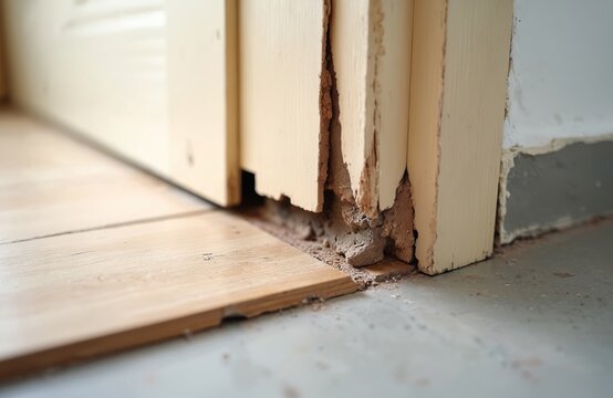 Damaged wooden door frame corner near floor in residential room. Chipped paint, plaster, and wood show wear. Needs repair and restoration work.