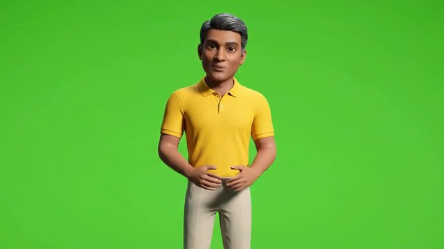 A simple and clean 3D animated male avatar in a yellow shirt, presented on a green screen background. Great for presentations, explainer videos, or corporate animations.