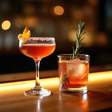 Two artisan cocktails sit on a wood bar, one garnished with orange peel and salt rim. The other has a large ice cube and rosemary sprig. Warm bokeh lights create an upscale atmosphere.