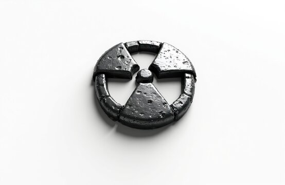 3D chrome radioactive symbol with pitted texture on white background. Symbol represents danger nuclear energy science radiation and warning hazard.