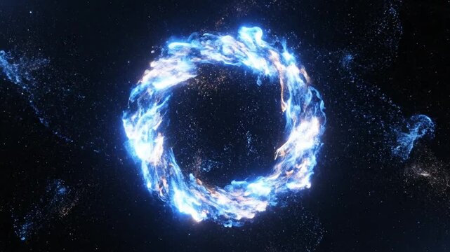 Swirling blue energy ring in dark space background. Suitable for science fiction designs, technology concepts, futuristic themes, and energy illustrations.