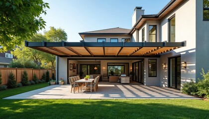 Obraz premium Modern house backyard with outdoor dining table and chairs under smart pergola. Patio area features green lawn, wooden fence, and large windows.