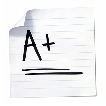 A plus grade on lined paper with curled corner in studio lighting depicting educational success and academic achievement in the classroom
