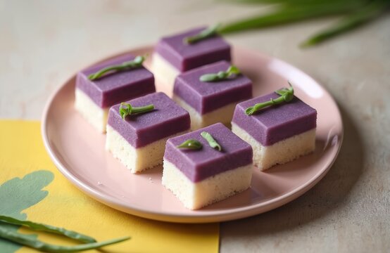 Purple yam cake squares served on pink plate. Creamy coconut milk dessert topped with sweet purple ubi layer. Garnish with pandan leaf sprigs. Indonesian kue.