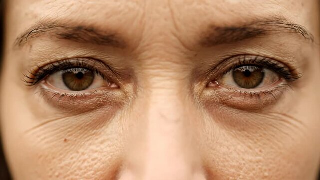 Close up shot of woman's eyes, featuring wrinkles, expressions, skin texture, and brown irises