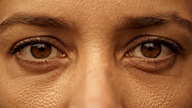 Close up shot of human eyes, showing details of skin texture, eyelashes, and gaze, looking directly at the camera