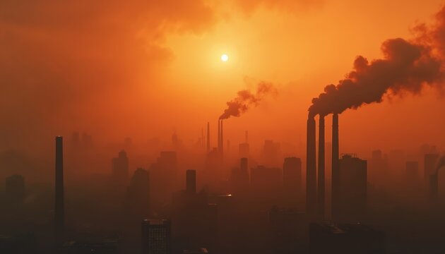 Industrial city skyline shrouded in smog, thick smoke from tall factory chimneys. Sun dimly shines through hazy orange sky at sunset. Cityscape pollution problem affecting air quality. Urban heat