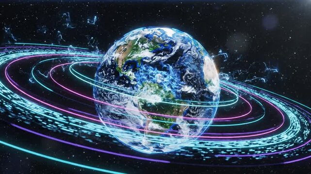 Glowing rings encircle earth in space amid stars, suitable for science, technology, astronomy concepts, and futuristic designs.