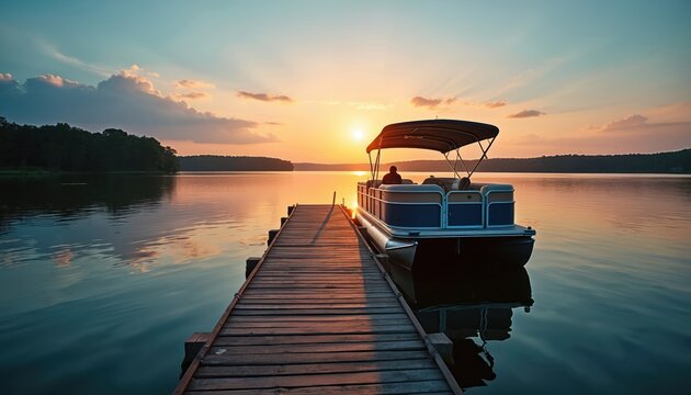 Pontoon boat rests on calm lake pier at sunset. Golden hour light reflects on water surface. Peaceful evening scene with tree line silhouette on horizon. Relaxing water recreation.