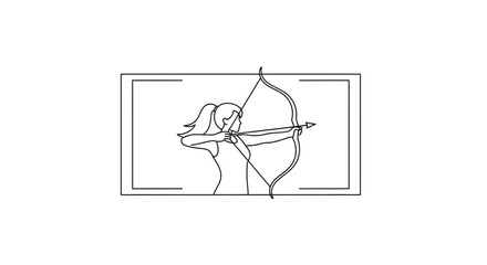 Obraz premium Archer Woman Drawing Bow Arrow in Target Frame, Minimalist Line Art