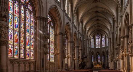 Fototapeta premium Gothic cathedral interior with stained glass