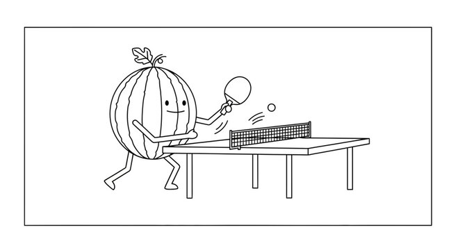 Funny watermelon character playing table tennis, cartoon style, black and white