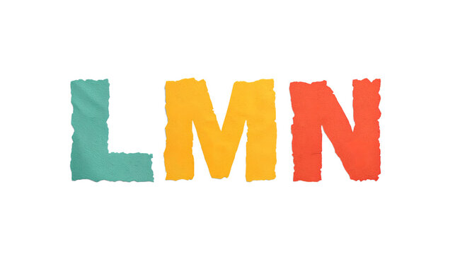 Colorful LMN Text Design: A playful graphic of LMN letters in multiple colors, featuring a textured design and torn edges. Perfect for creative projects.