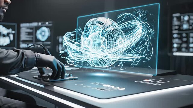 Futuristic engineer repairing complex mechanical gear with precision laser tool in high tech laboratory with glowing 3D holographic projection on transparent screen