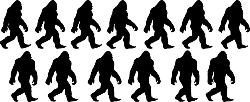 Bigfoot silhouette, mythical creature silhouette sequence. Ideal bigfoot for cryptozoology, folklore enthusiasts. Mysterious walking beast, legend, Sasquatch, Yeti, enigma, shadowy figure