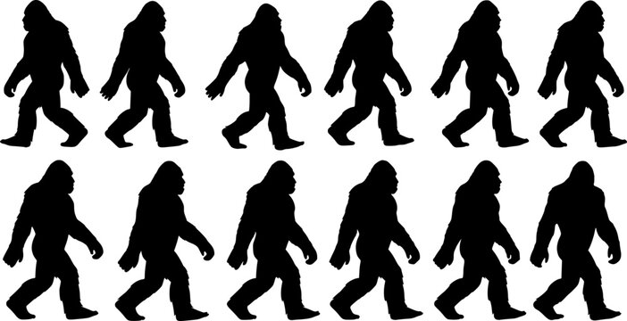 Bigfoot silhouette, mythical creature silhouette sequence. Ideal bigfoot for cryptozoology, folklore enthusiasts. Mysterious walking beast, legend, Sasquatch, Yeti, enigma, shadowy figure