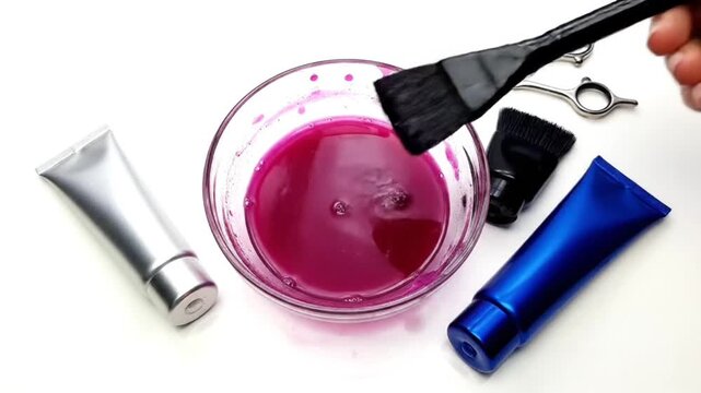 Preparing vibrant hair dye with tools and accessories on a white background