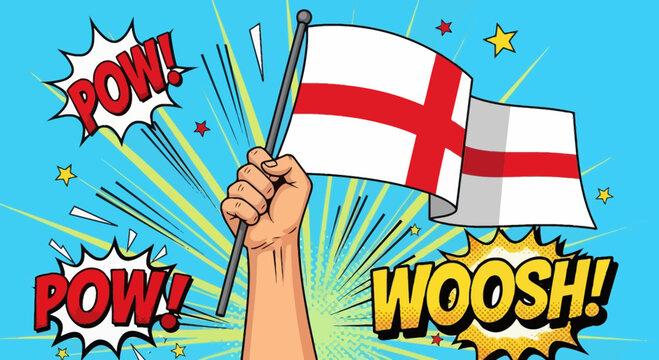 Hand Holding England Flag with Comic Book Style "POW!" and "WOOSH!" Sound Effects