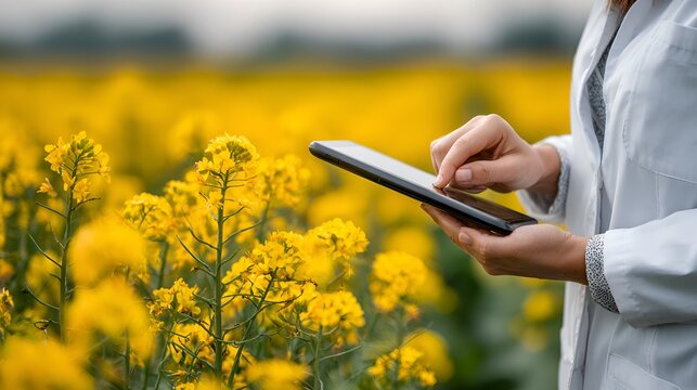 A female scientist in a lab coat analyzes data on a digital tablet while standing in a vibrant yellow rapeseed field on a sunny day.