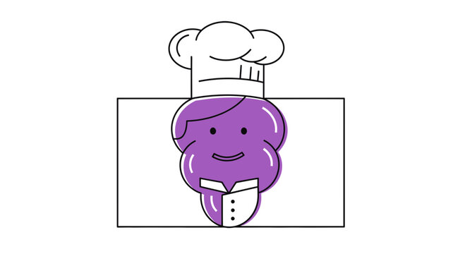 Cute Purple Character Chef with Chef Hat and Apron, Cartoon Style