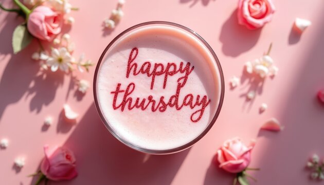 Pink latte with frothy foam and happy thursday glitter text. Delicate pink roses and flowers surround beverage on pastel background. Morning mood.