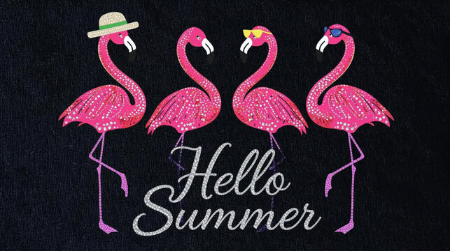 Hello Summer with Four glamorous pink flamingos on black background