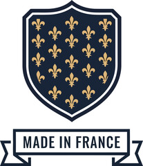 Made in France label with shield emblem and golden fleur de lis pattern vector illustration © Bacon