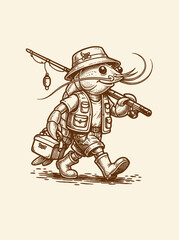 Fototapeta premium Mole character in fishing gear walking.