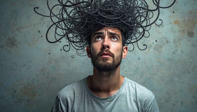 Young man with tangled ropes on head looks up confused. Represents stress, internal conflict, and mental struggle. Needs clarity and resolution from chaos. Represents gen y problems.