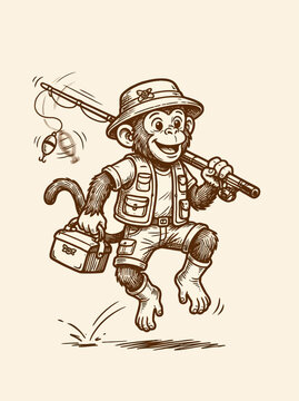 Monkey in hat and vest running.