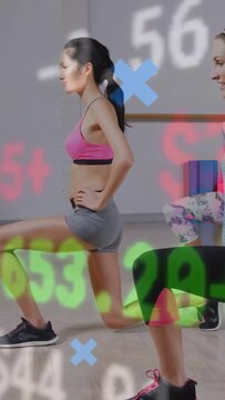 Stepping forward, woman in pink sports bra gray shorts lunging in studio, with digital graphs