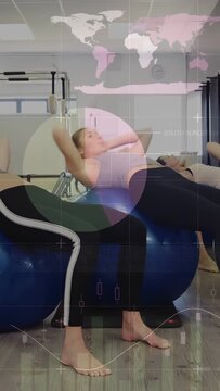 Vertical video: Fitness cue starting 3 women doing crunches on balls animated charts guiding form
