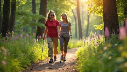Fototapeta premium Two women walk on forest path with sticks. One woman wears sunglasses, holding cane for support. Friends enjoy nature hike in wildflowers and trees. Sun shines through green foliage.