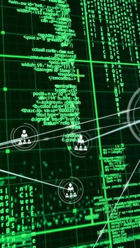 Vertical video: User nodes emerging on code grid, ring activating links and mapping tech network