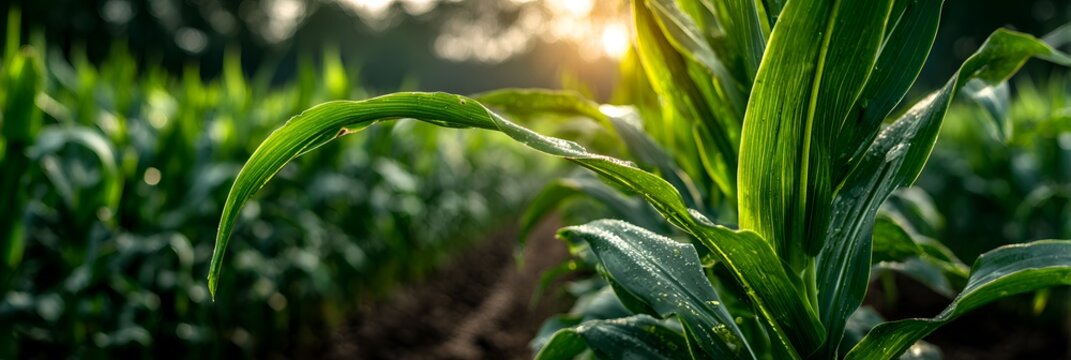 Fresh green corn plants growing in a rural field are illuminated by the warm glow of the setting sun in the countryside landscape.