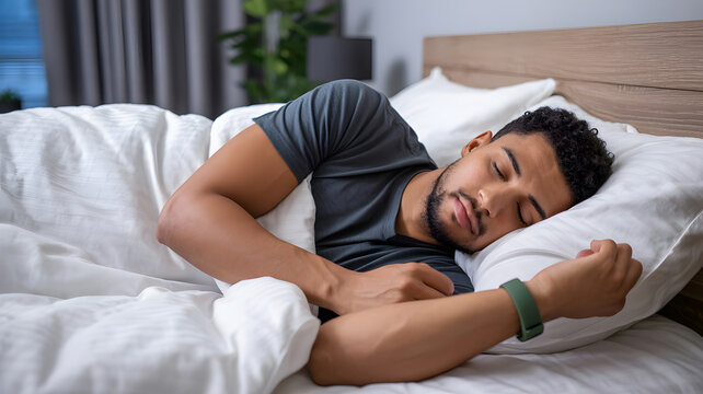 Young man sleeping in bed with smart watch fitness tracker, male adult resting on white pillow with sleep monitoring wearable technology, healthy lifestyle and wellness tracking in modern