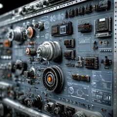 Fototapeta premium Intricate control panel with numerous gauges, buttons, and displays shows complex enginee design on a metallic surface, detailed view.
