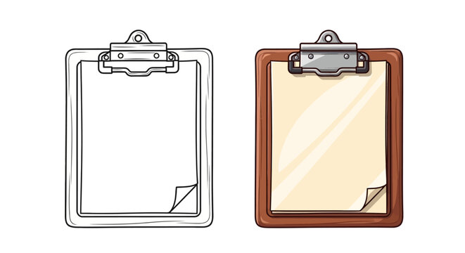 Clipboard with Paper and Clip: Line Art and Color Versions