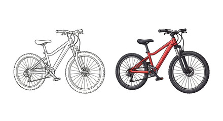 Fototapeta premium Children's Red Mountain Bike and Sketch Outline Comparison