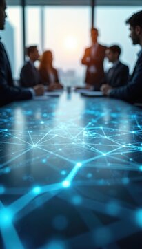 Business meeting in modern office focused on digital network connections. Team collaborates on strategy project planning using tech ideas in bright conference room.