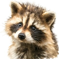 Obraz premium A charming raccoon portrait, rendered with delicate brushstrokes, captures the animal's curious gaze and playful nature on a white background.