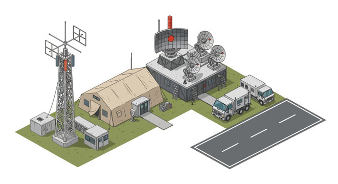 Isometric illustration of a military base featuring a radar station, communications tower, and support vehicles in a clean, minimalist style, set against a white background with a neutral