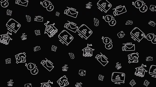 Seamless Pattern of Financial and Banking Icons on Black