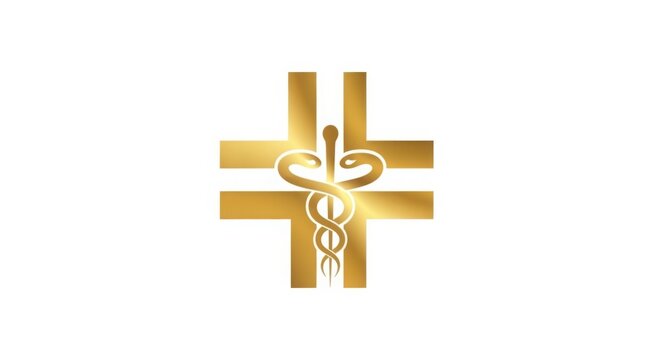 Golden medical cross symbol with rod of asclepius