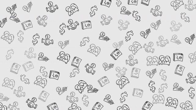 Hand-drawn doodles show money, books, and people. Symbols suggest finance, education, and teamwork. Simple sketch style feels playful and informal. Perfect for business, school, or creative projects