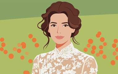 Fototapeta premium Woman stands in a field with orange flowers during daylight, showcasing her smile and stylish outfit
