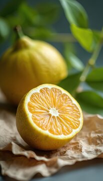 Whole and halved ugli fruit sit on textured paper. Juicy citrus slice reveals bright pulp and segments. Fresh green leaves form soft background. Natural food for healthy eating.