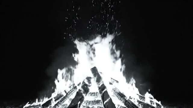 Black and white video of a blazing bonfire with rising smoke against a dark night sky creating a cozy atmosphere.