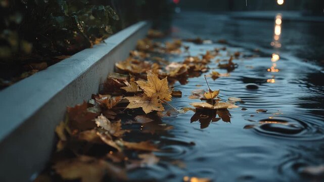 Autumn leaves floating on wet pavement during rainy day, reflections in puddles