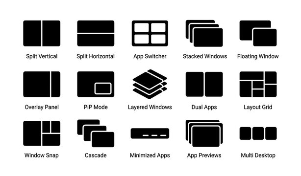 Ui layout icons: split, overlay, cascade, minimized, multi desktop